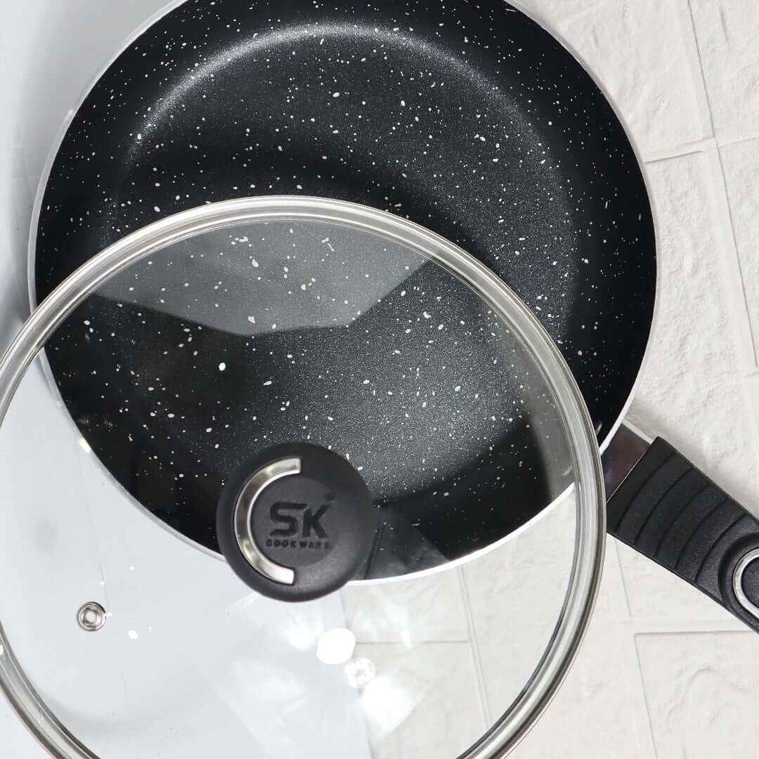 Non Stick Marble Coated Royal Frypan with Glass Lid - Black - Image 3