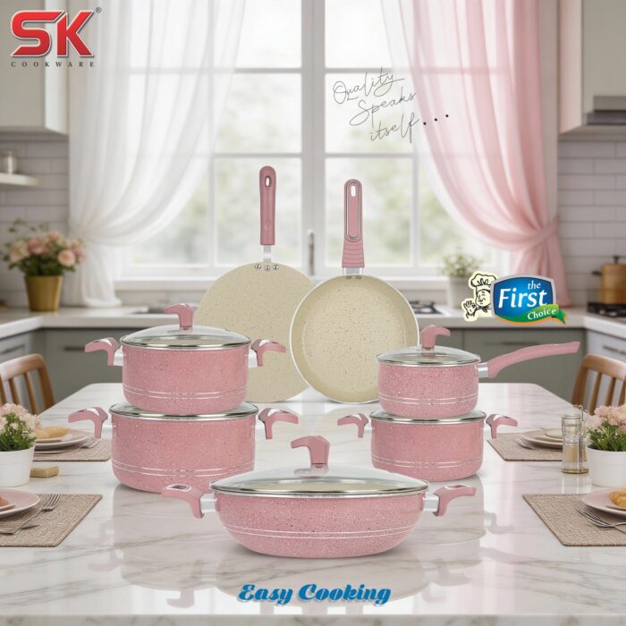 16 Pieces Marble Coated Gift Pack Imperial Cookware Set [Pink & Beige]