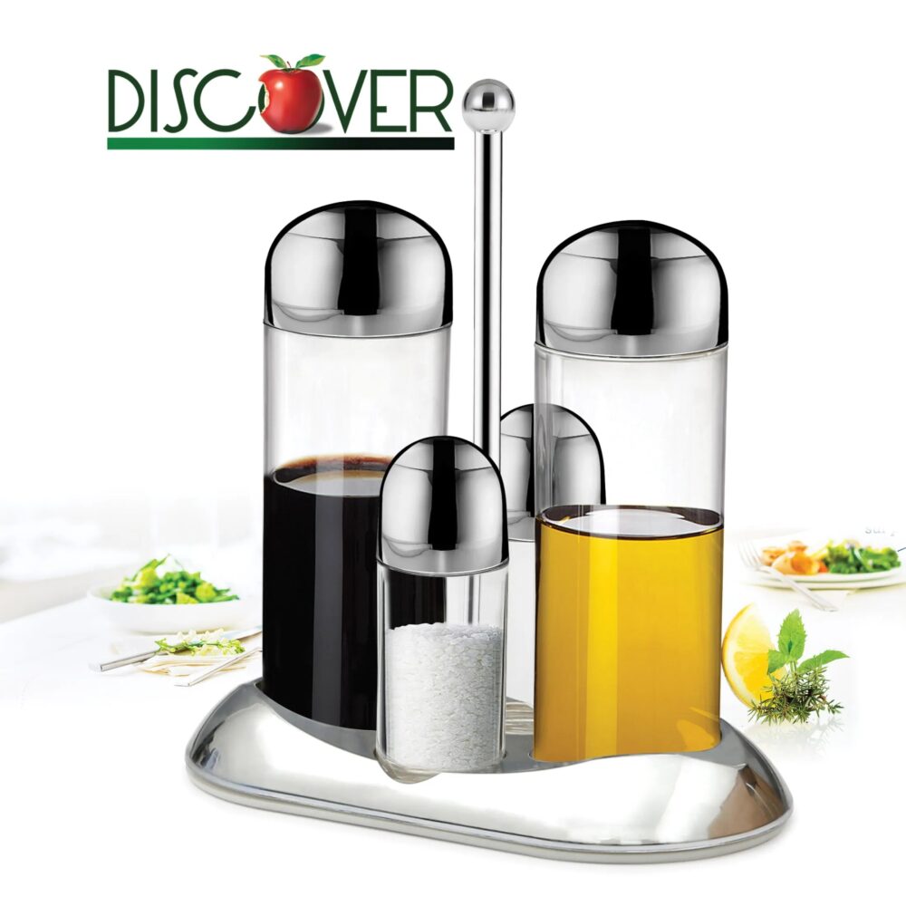 Acrylic Venegar, sauce , salt & pepper 4pcs set with chorme cap & holder