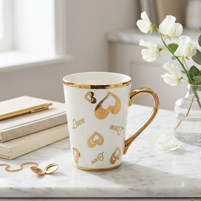 Golden Hearts Ceramic Mug – Premium White & Gold Handcrafted Tea Cup