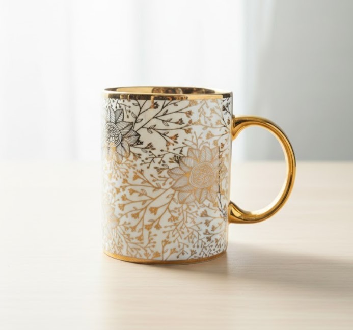 Elegant Trimmed Floral Ceramic Mug | Artisan Hand Drawn Sunflowers & Botanical Pattern