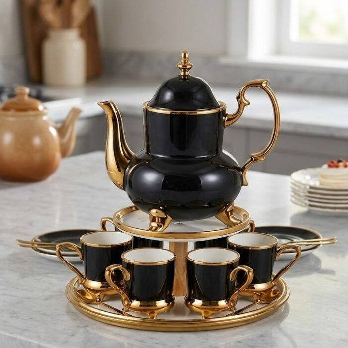 Royal Noir & Gold 8 Piece Tea Set – Elegant Porcelain Teapot, 6 Cups, and Integrated Display Stand