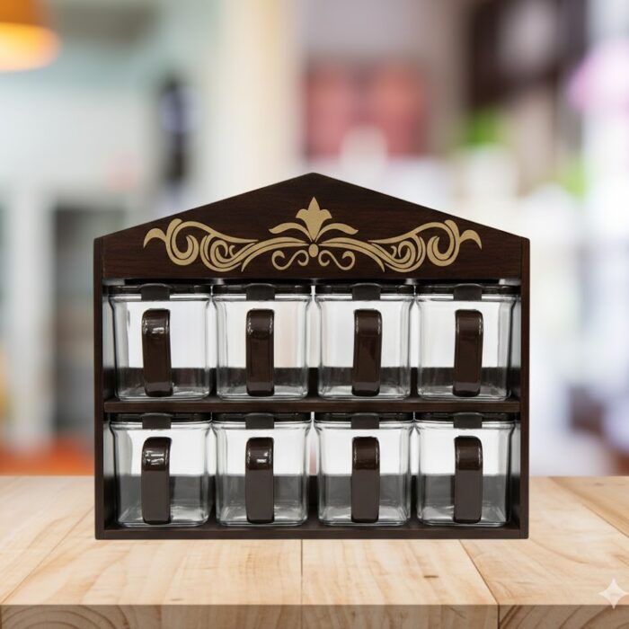 Modren Wooden Spice Rack with 8 Air Tight Jars - Kitchen Masala boxes for kitchen