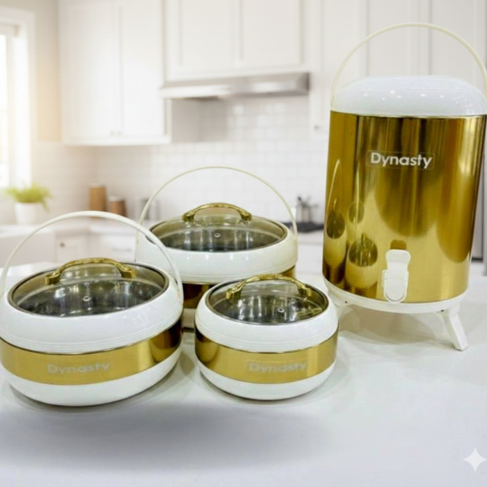 Dynasty Premium White & Gold Hotpot Food warmer and Water Cooler Set 4-Pcs