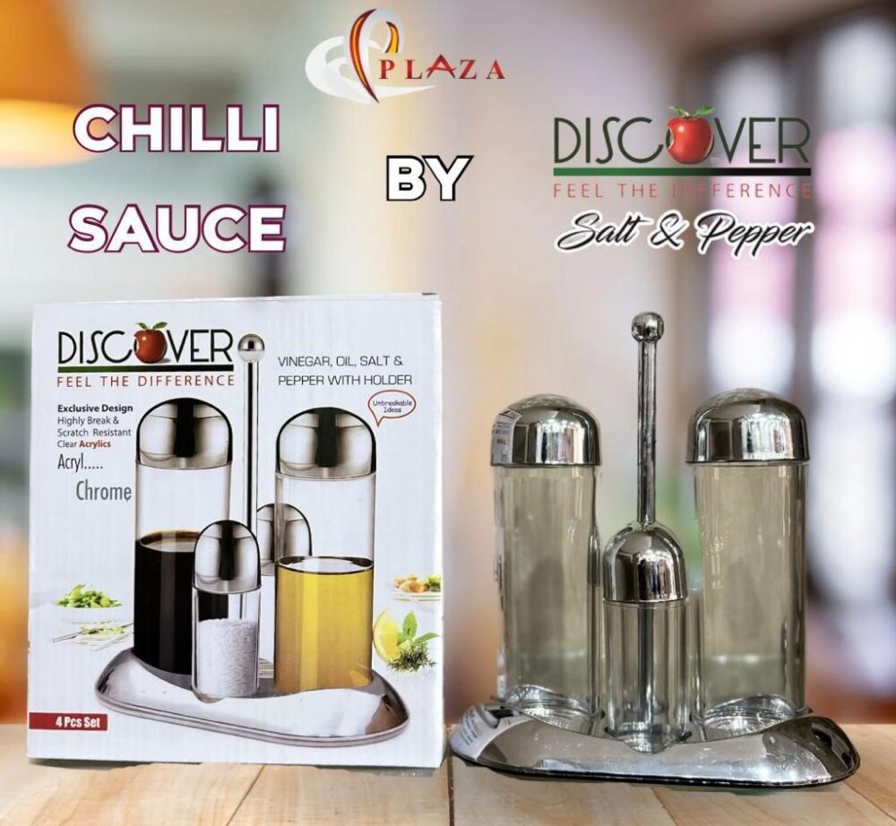 Acrylic Venegar, sauce , salt & pepper 4pcs set with chorme cap & holder - Image 2