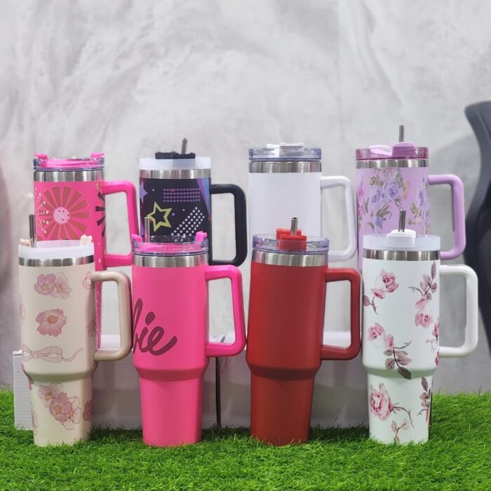 Printed Stainless Steel Vacuum Insulated Tumbler with Handle & Straw – Hot & Cold Travel Mug (1.18L)