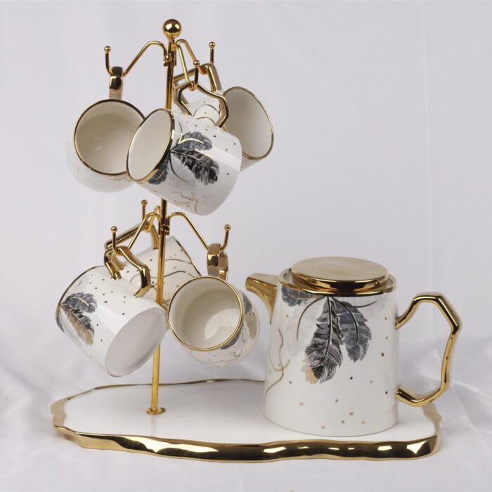 Gold Plated 7 Piece Bone China Tea Set with Melamine Tray