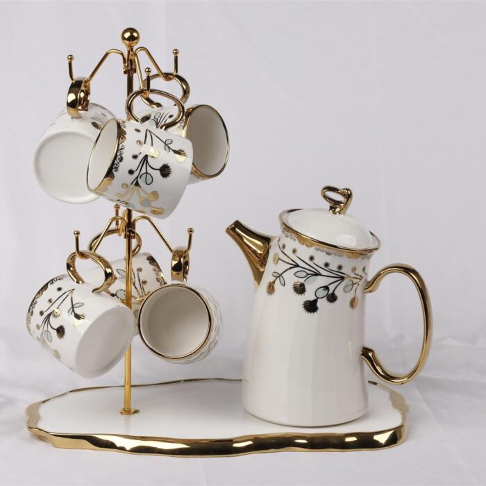 White And Golden Floral 7 Piece Bone China Tea Set with Melamine Tray