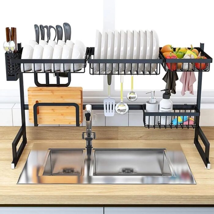 All in One Over Sink Metal Dish Drying Rack with Adjustable Holders - Heavy Duty Kitchen Organizer