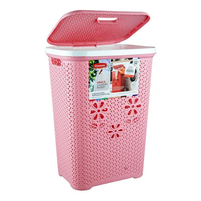 Graceware Premium Plastic Laundry Basket with Lid – Large Capacity, Breathable Floral Design (Pink)