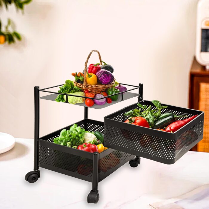 2 Layer Square Multi Purpose Trolley Storage Organizer - Square Rotating Movable Kitchen Vegetable & Fruit  Rack