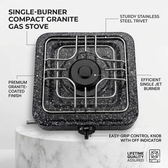 Premium Granite Finish Single Burner Gas Stove – High-Efficiency Black Jet Burner & Heavy Duty Steel Grill (Natural Gas & LPG)