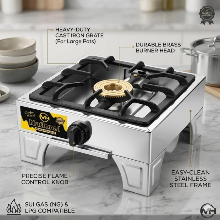 MH National Heavy-Duty Single Burner Gas Stove – High-Pressure Brass Burner with Cast Iron Grill