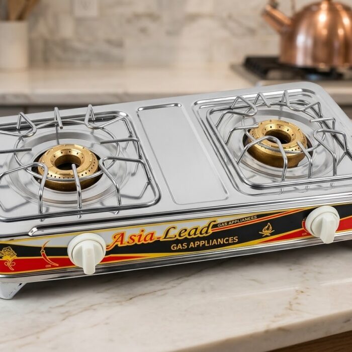 Asia Lead Double Burner Stainless Steel Gas Stove – Heavy Duty Brass Burners for Efficient Cooking (Natural Gas & LPG)