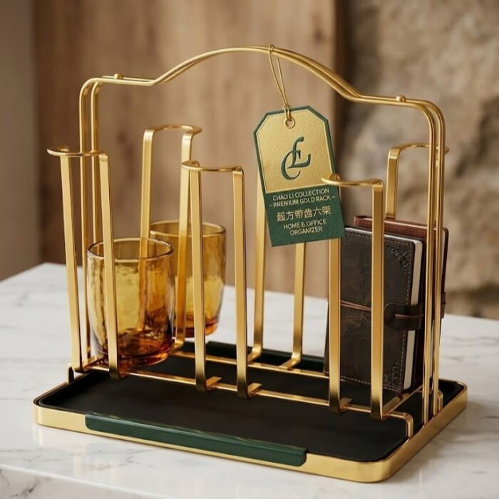 Premium Steel Gold Tone 6-Glass Drying Rack and Organizer with Green Drip Tray