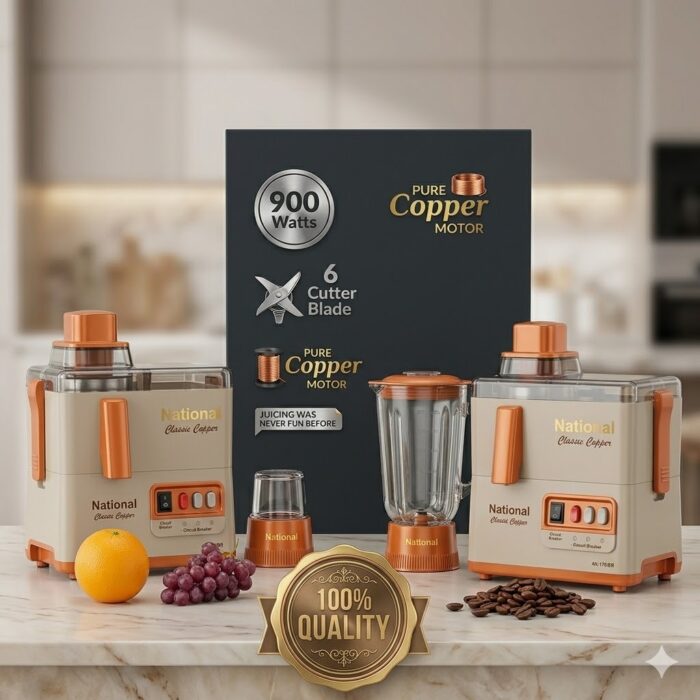 National Classic Copper 3-in-1 Juicer, Blender & Grinder | 900W Power | Durable Copper Motor | 6 Cutter Blade