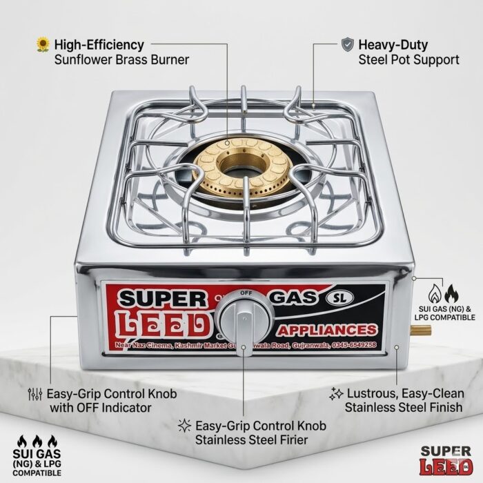 Super Leed Automatic Premium Single Burner Gas Stove – High-Efficiency Brass Burner & Chrome Finish (Natural Gas & LPG Variants)