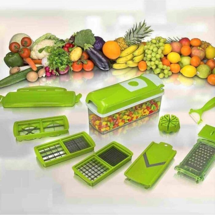 12-in-1 Multi Function Vegetable Chopper & Mandoline Slicer - Manual Food Dicer with Container, Peeler, and 7 Blades
